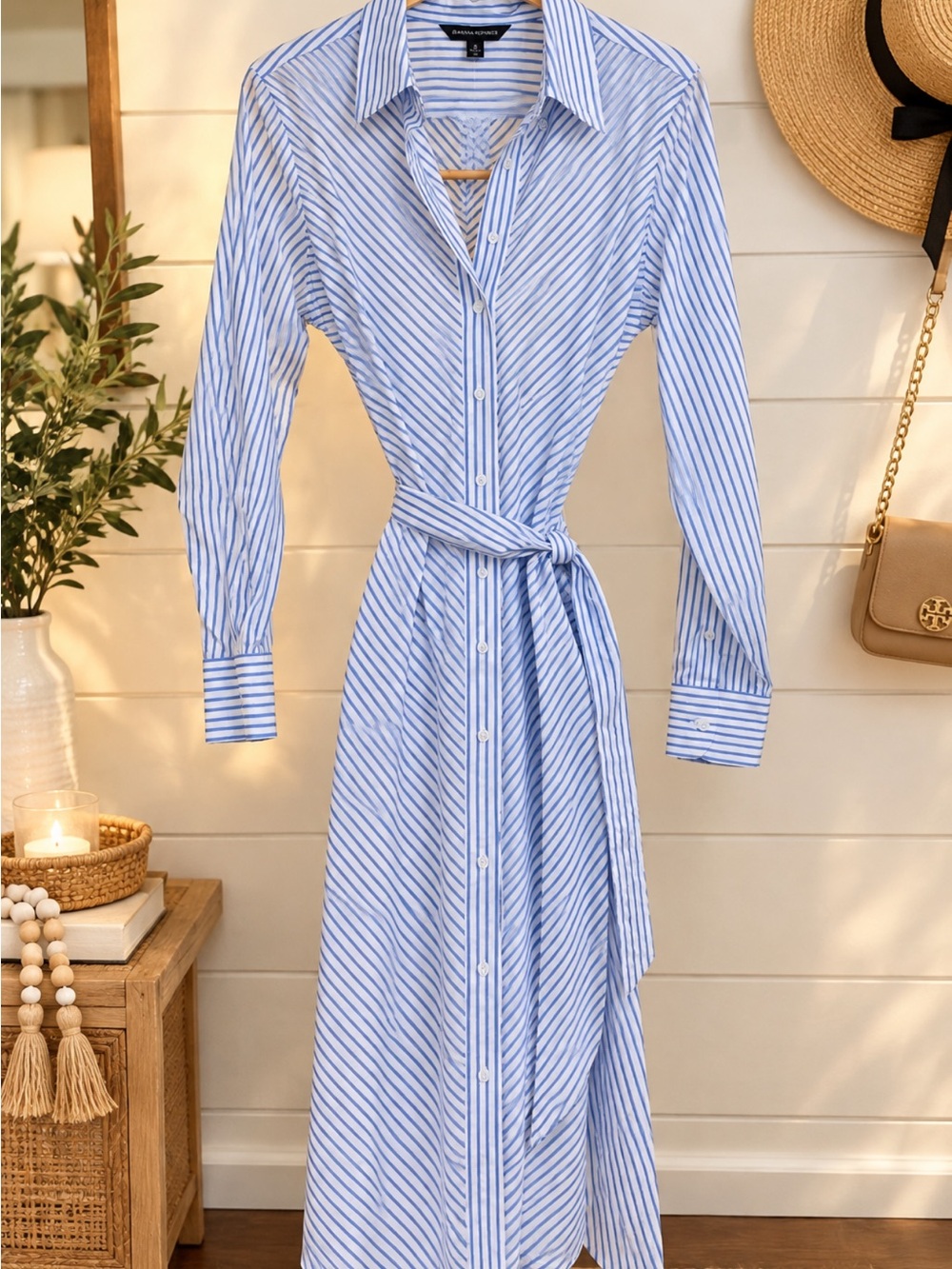 Brooks Brothers Blue and White Striped Long Sleeve Shirt Dress with Tie
